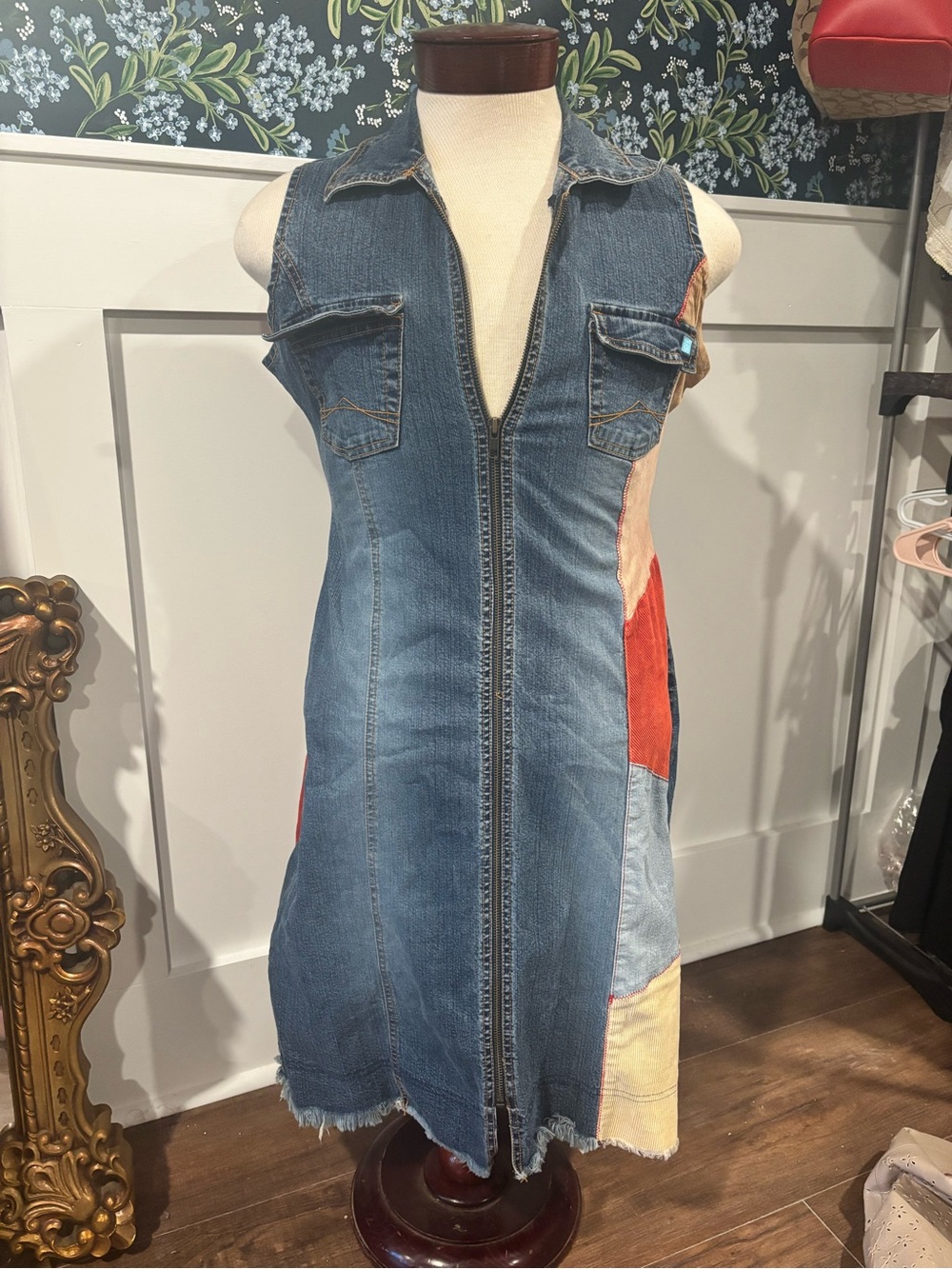 Vintage Azzure Denims Midi Patchwork Denim Dress W/ Front Zip 98% Cotton Size Xl
